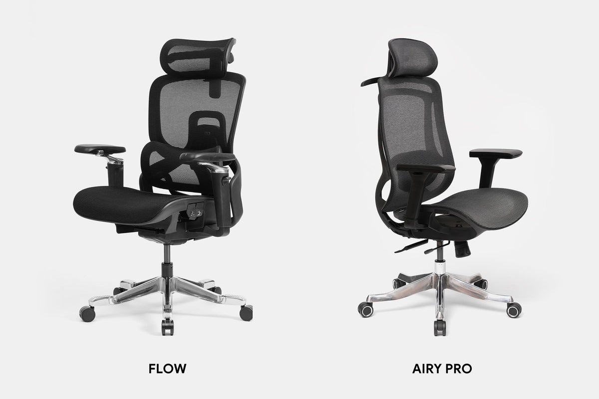 Ghế công thái học HyperWork Flow và Airy Pro đặt cạnh nhau để so sánh thiết kế và tính năng